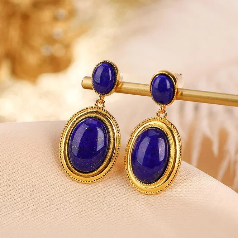 

Natural Lapis Lazuli Egg Surface Earrings S925 Sterling Silver Gold-Plated Sapphire Oval Earrings Women's Retro Earrings