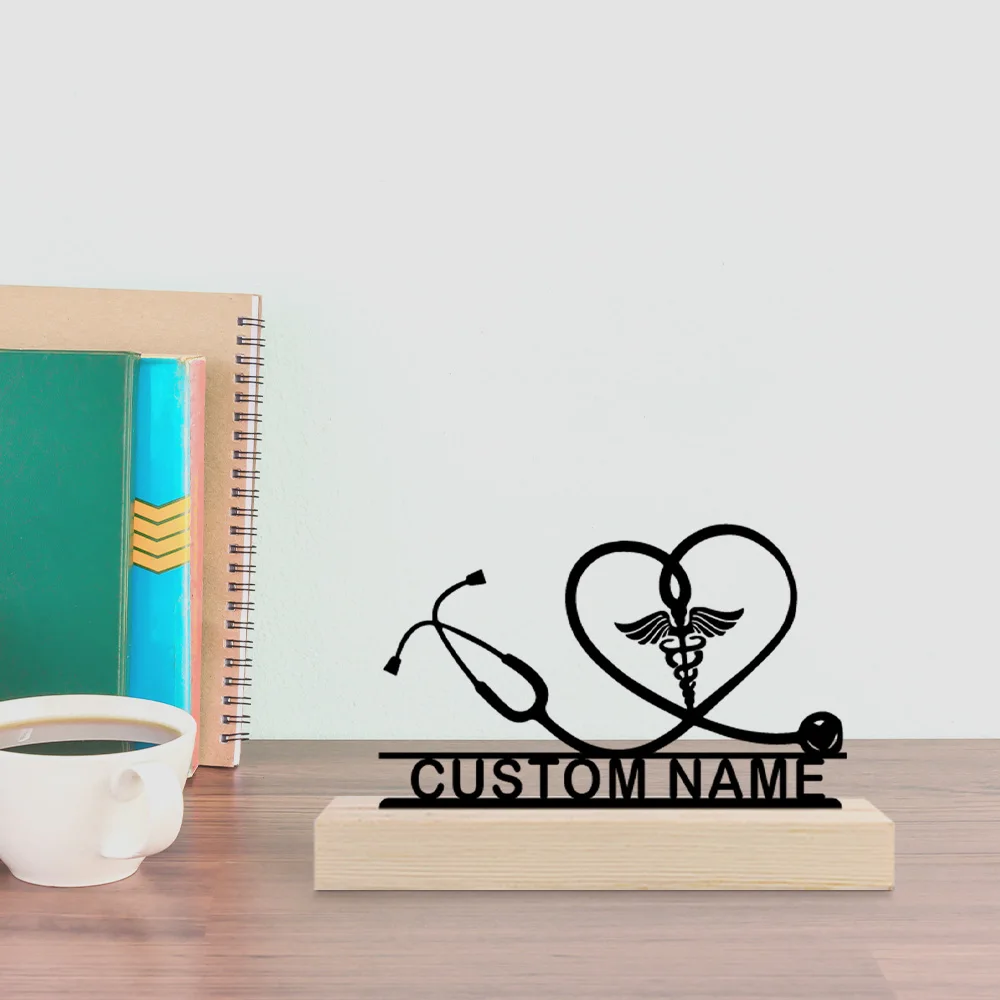 1pc Customizable Metal Desktop Ornaments Custom Content Equipped with A Wooden Base Room Decorations, Bar Counter Decorations