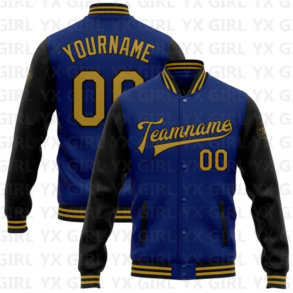 Custom Royal Old Gold-Black Bomber Full-Snap Varsity Letterman Two Tone Jacket 3D Baseball Button Jacket