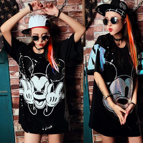 Imagen 2 del producto Vestido de talla grande de verano para mujer, ropa de calle de manga corta con estampado de Mickey, vestidos informales holgados con lentejuelas y cuello redondo para fiesta y discoteca
