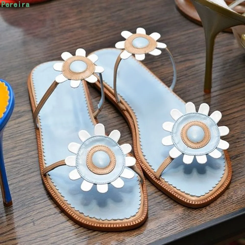 Blue Flower Slippers Summer Women's New Arrival Slip-on Flat Heel Round Toe Fashion Confortable Simple Good Quality Shoes