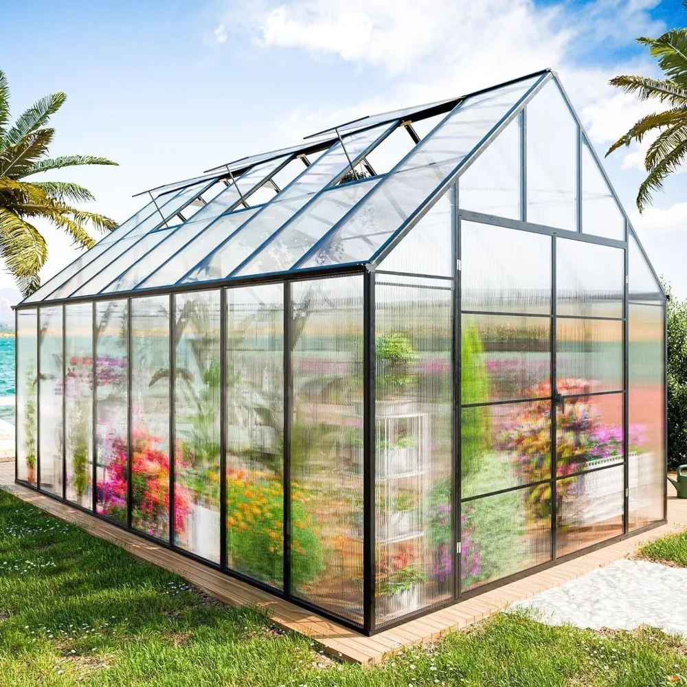 10x16 Feet Easy To Assemble Mixed Polycarbonate Greenhouse with 3 Ventilation Windows and Swing Doors for Outdoor Use