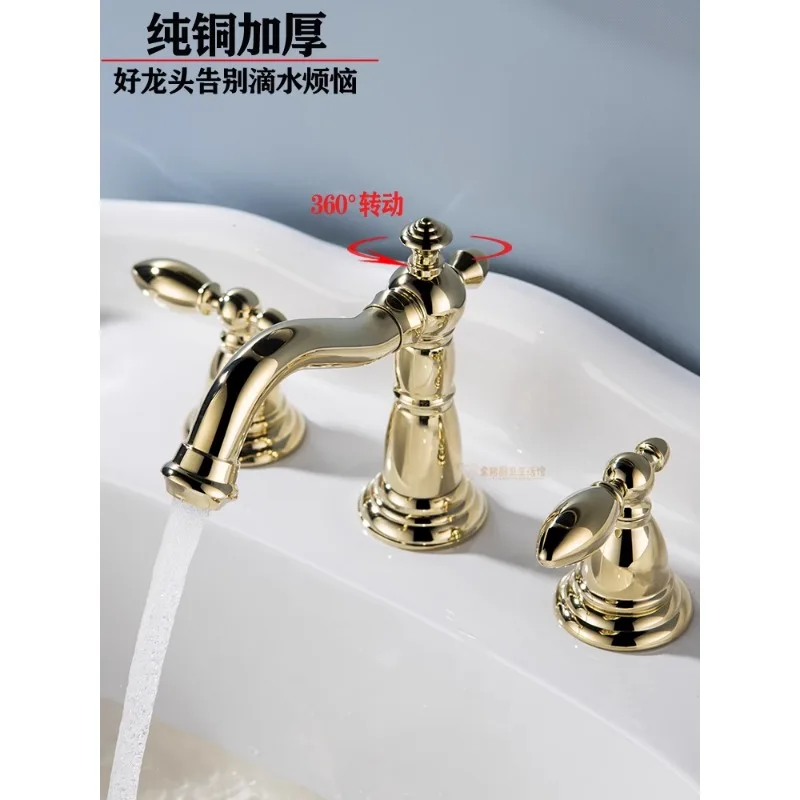 All-copper French retro outdoor faucet three-hole hot and cold basin faucet splash-proof head antique copper basin faucet