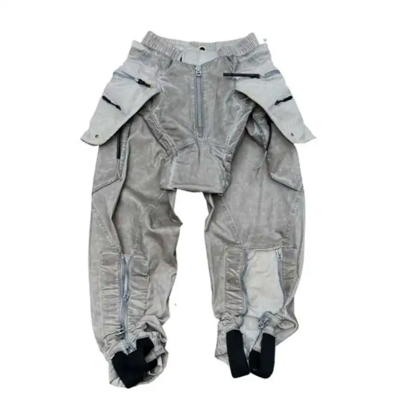 HKSH ربيع جديد الرجال المد غسل النفايات الأرض جيوب داكنة واسعة الساق قابل للتعديل فضفاض عادية الثقيلة سفاري نمط البضائع السراويل HK3905 #6