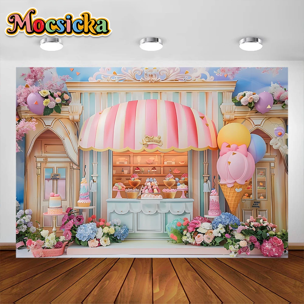 Mocsicka Ice Cream Photography Background Candy Store Party Decoration Supplies Cake Smash Kids Birthday Backdrops Studio Props