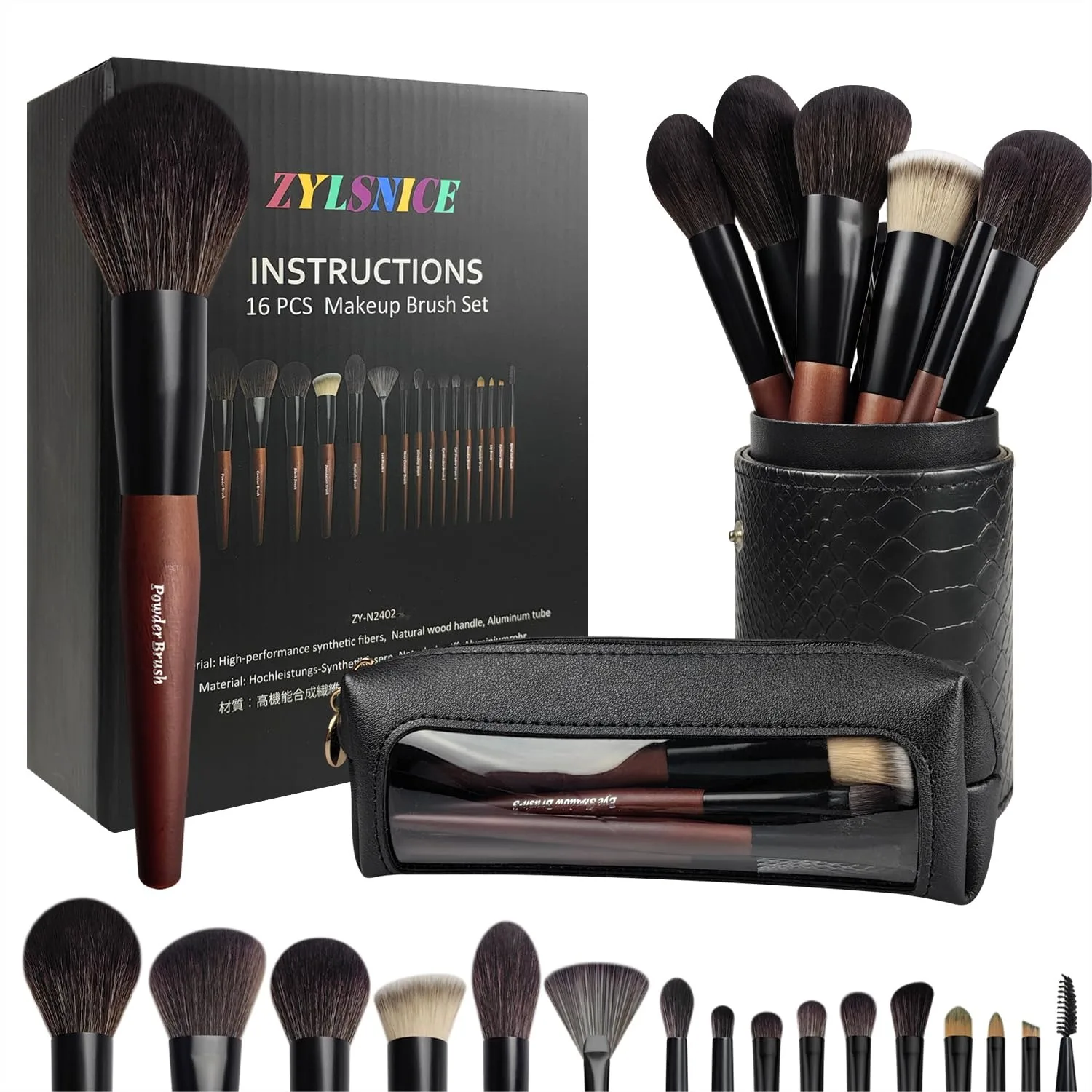 

16 Pcs Makeup Brushes Set Professional, Wood Handle Travel Makeup Brush Kit with Case, Cruelty-Free Synthetic Fiber