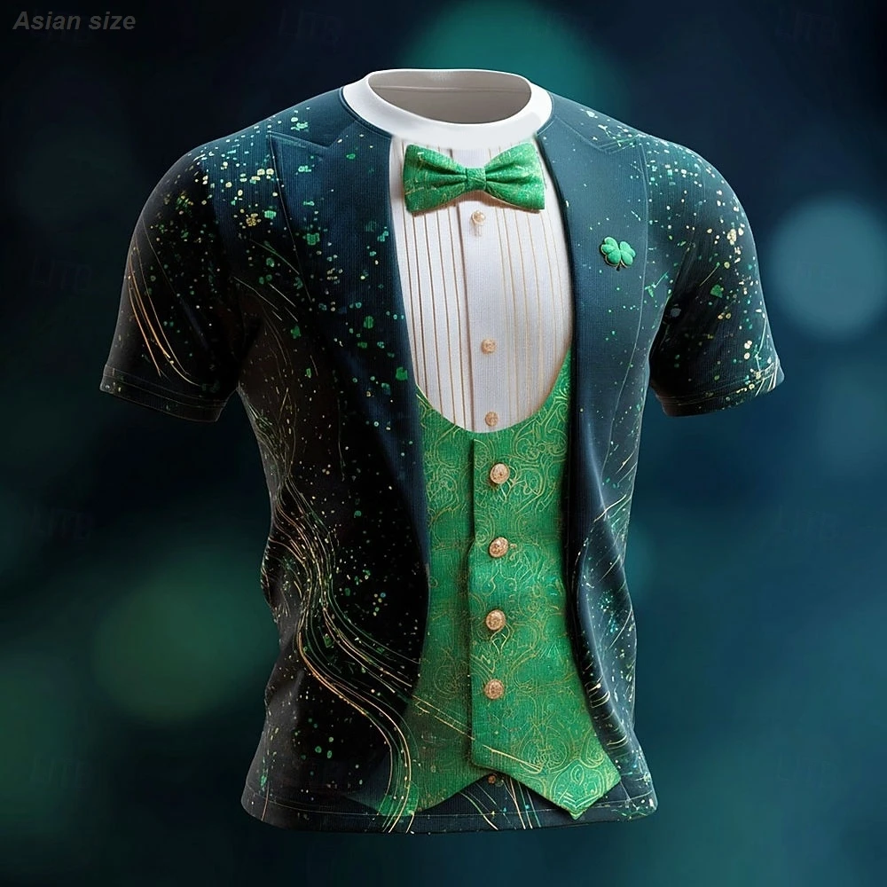 St Patricks Day T Shirt Men Costume Green Tuxedo Suit Bow Tie 3D Graphic Tees Funny Irish Festival Party Outfit Clothing Apparel
