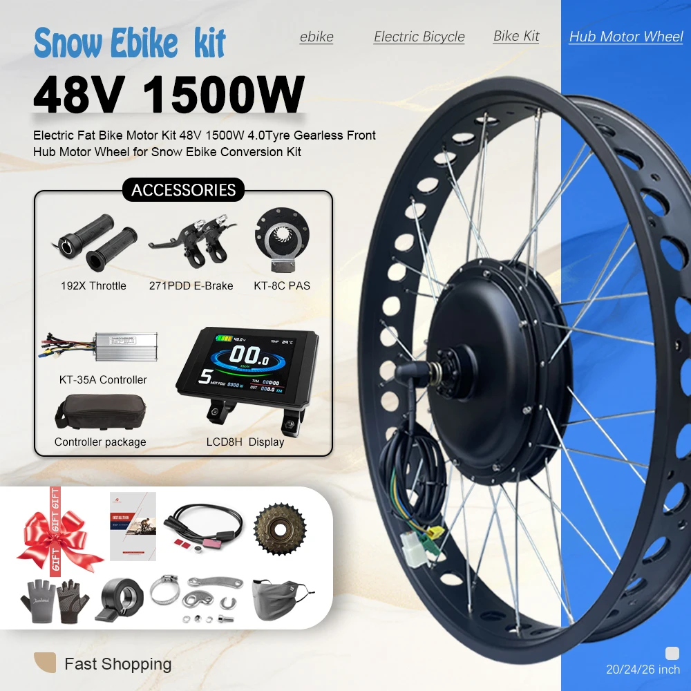 

Fat Tire Bike Electric Motor Kit 20/24/26Inch 48V 1500W 4.0tire Front Brushless Hub Motor Wheel For Snow ebike Conversion Kit