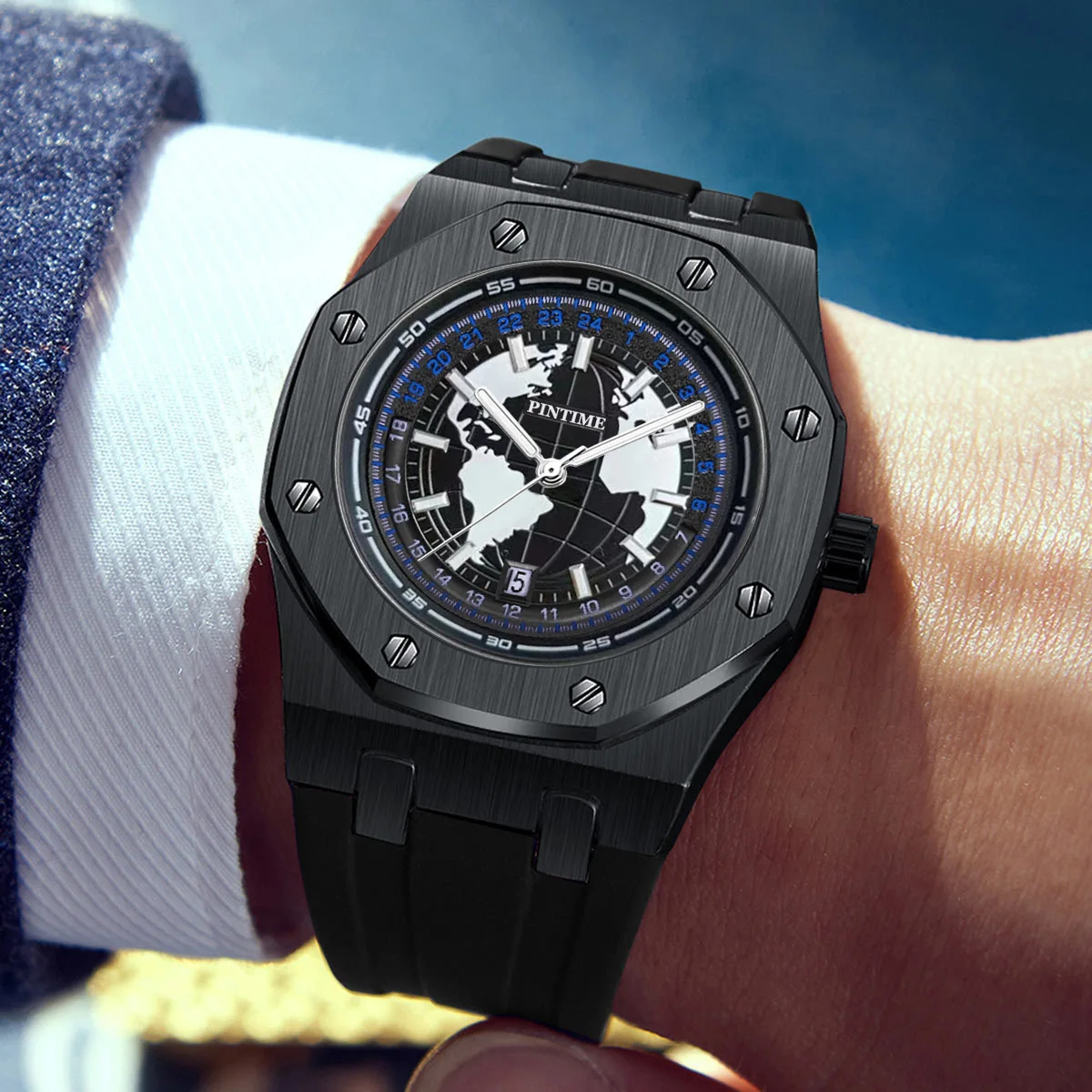 Earth Black Mechanical Watch  Sports Warrior Series Earth shaped Luminous Waterproof Men\'s Mechanical Watch Sapphire Crystal