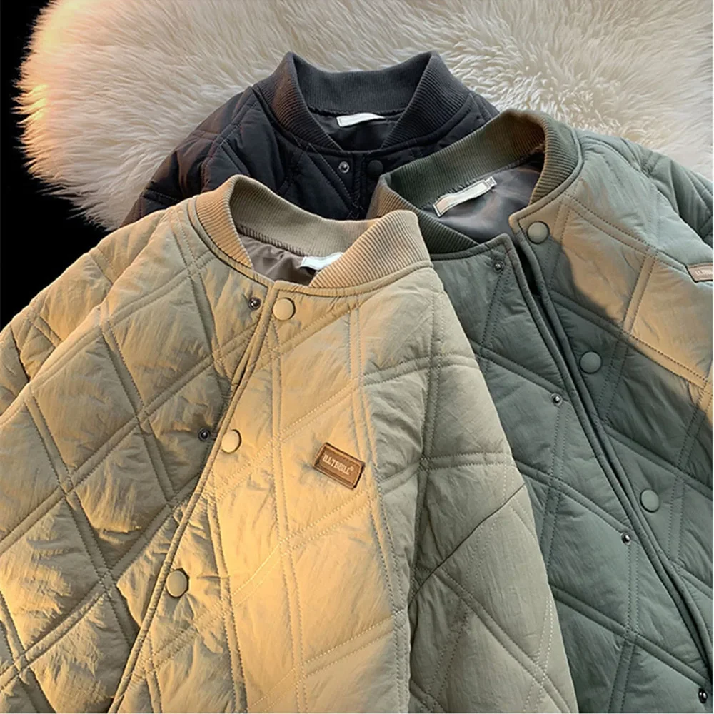 Fashion Diamond Plaid Men Clothing All-match Solid Color Stand-up Collar Parkas Men Korean Casual Windproof Winter Jacket Men