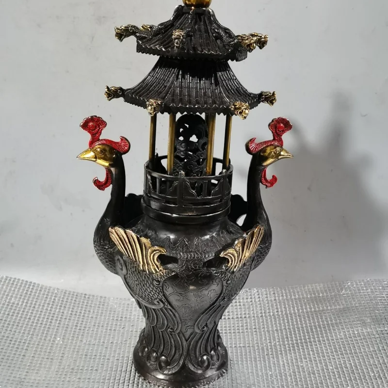 Antique Copper Phoenix Pagoda Incense Burner Ornament Copper Gilded Pagoda Incense Coil Holder Aromatherapy Burner Antique Colle