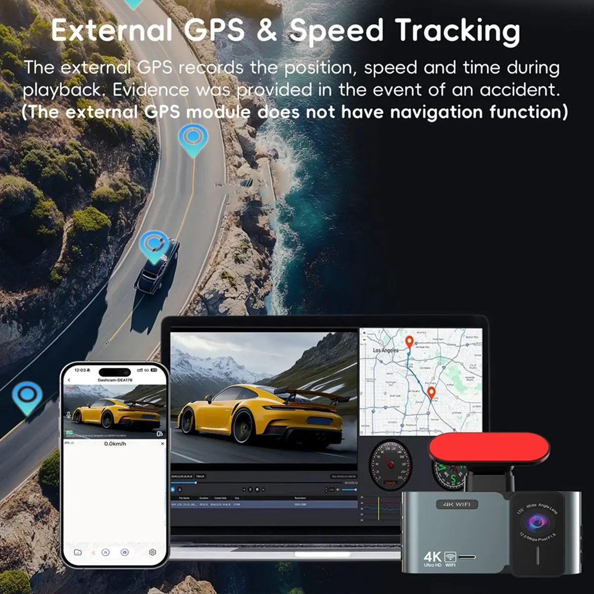 Dynamic 4K Front and 2.5K Rear Dash Cam with WiFi App Control GPS Support Night Vision G-Sensor Parking Monitor Loop Recording