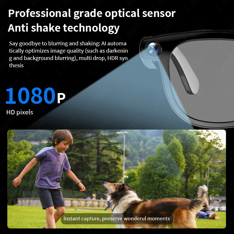 LIGE 8MP Camera AI Translation Smart Glasses 1080P Video Recording Bluetooth Call Voice Assistant 270mAh Battery Sunglasses Gift