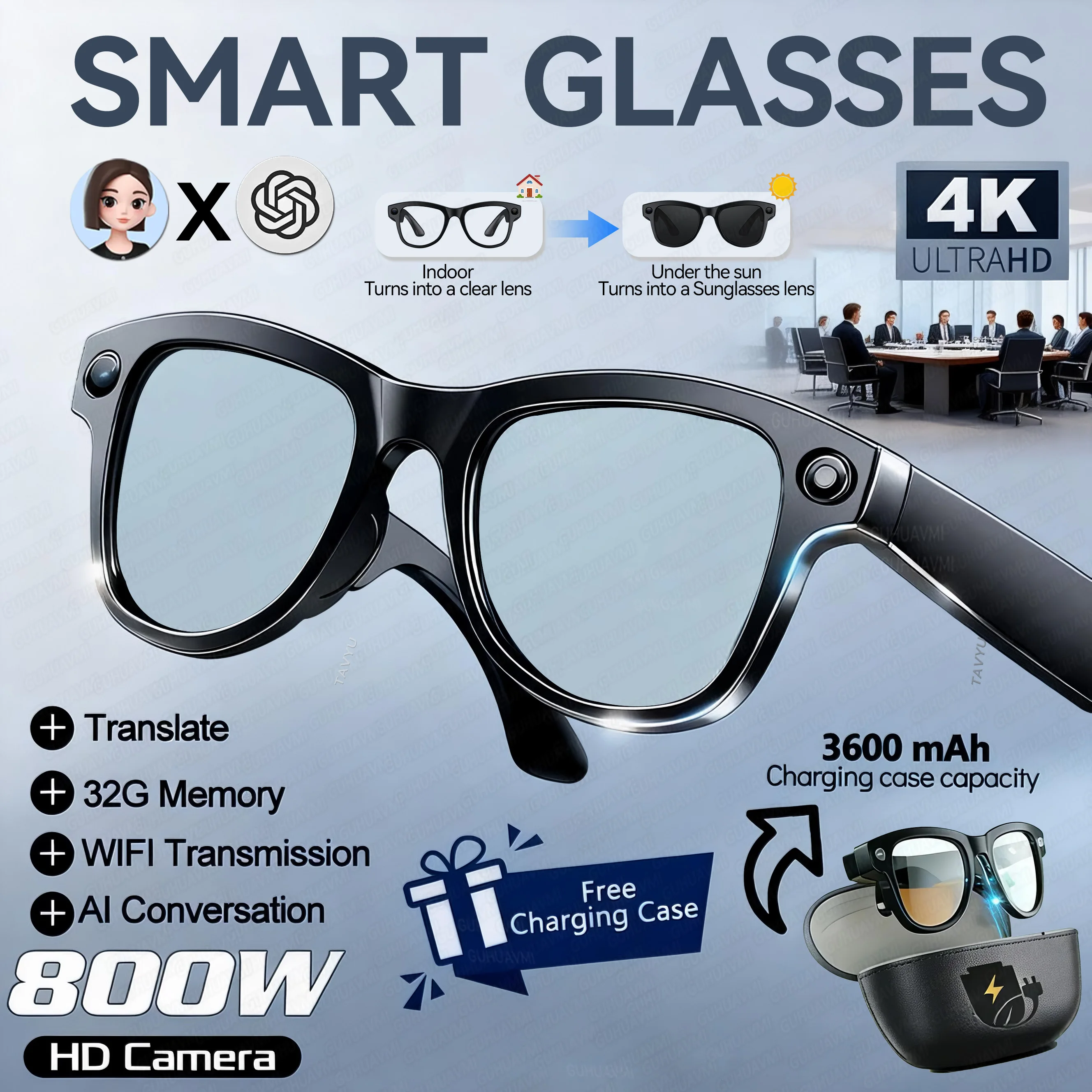 2026 Neu 8MP 4K HD Kamera AI-Brille Herren 3600mAh Powerbank 32G Speicher 160+ Übersetzungsbrille Wasserdichte Smart-Sonnenbrille Damen