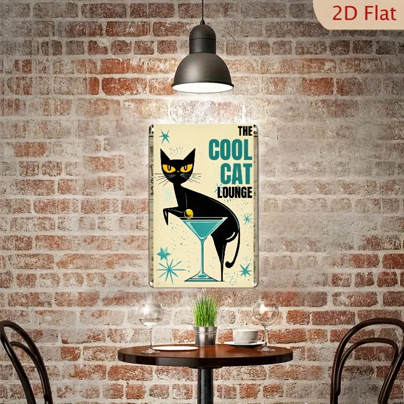 Retro Black Cat and Martini Glass Wall Decor - Vintage 
