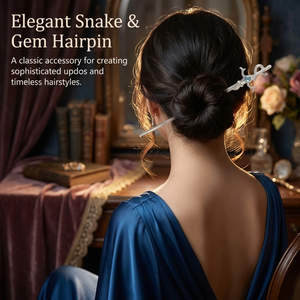 Neue chinesische Schlangenförmige Haarnadel mit Mondsteinen, modische Metall-Hanfu-Haarnadel, Haarstäbchen, Kopfschmuck, Haar-Accessoires, Geschenk – Detail 3
