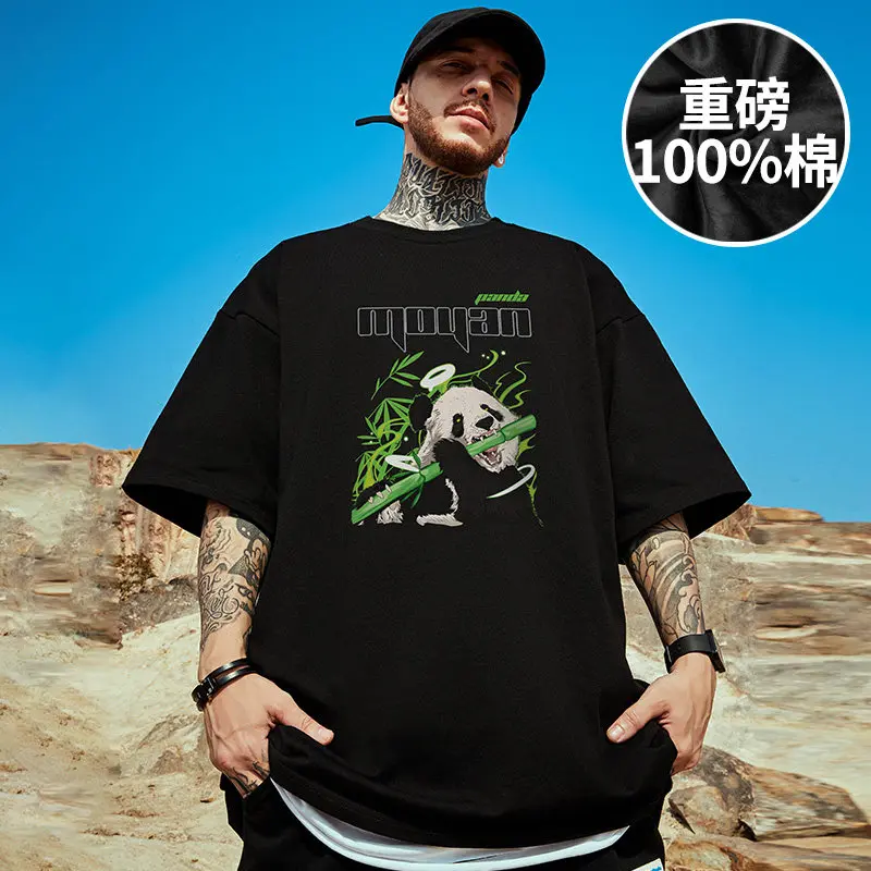 2026 Summer New Chinese Style Black White Panda Bamboo Print Oversized Drop Shoulder Round Neck Short Sleeve Plus Size T-shirt