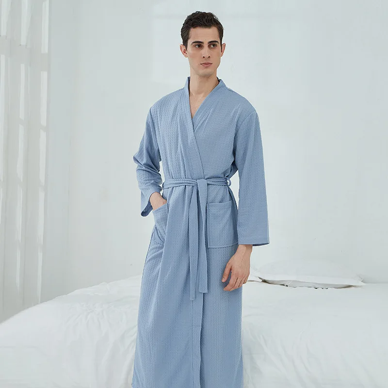 Men\'s Waffle Bathrobe Sauna Clothing Women\'s Thin Pajamas Long Couples Homewear Hotel Bathrobe Male Comfortable Leisure Pajamas