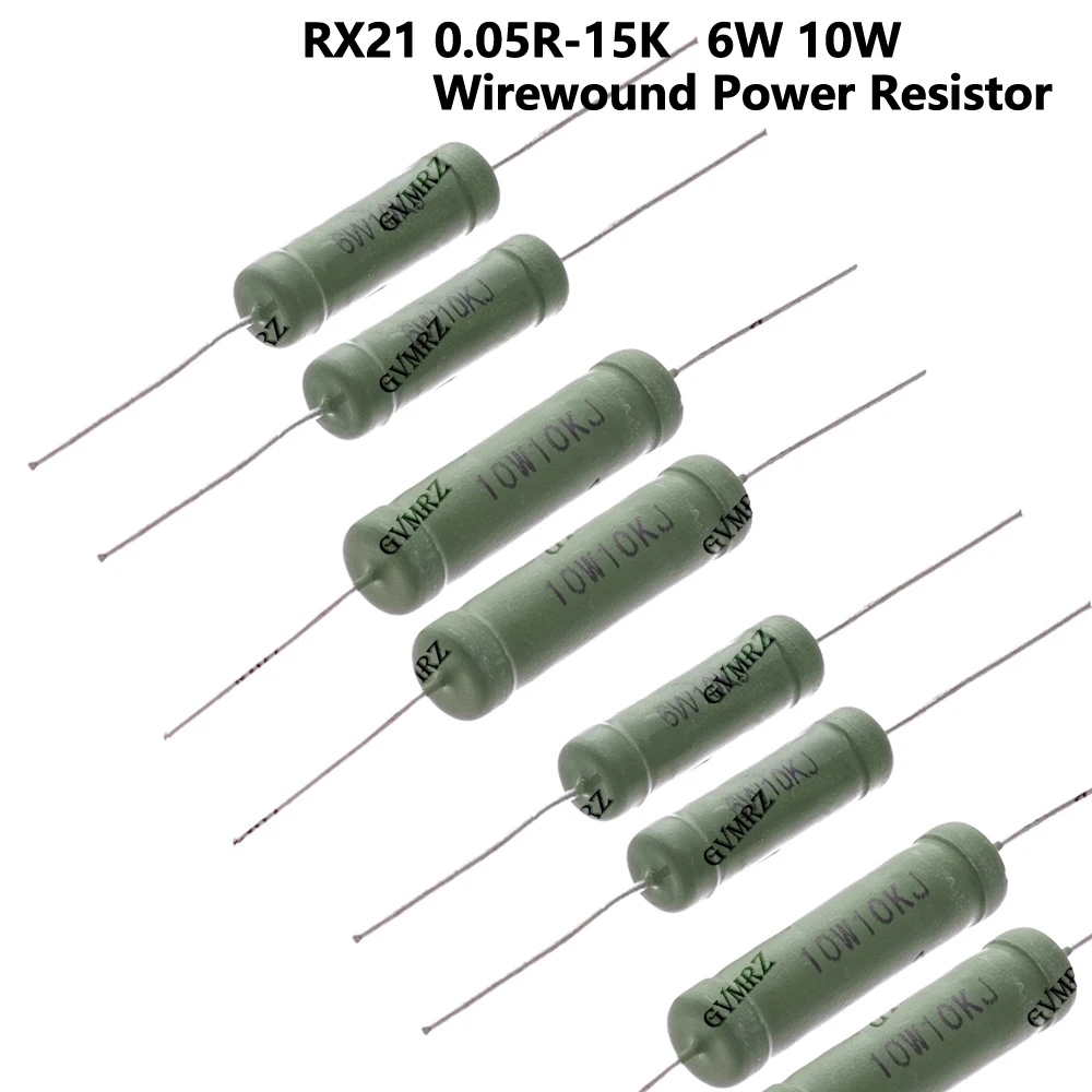 5PCS RX21 0.05R-15K 1R 2R Resistor de Potência Bobinado Tipo DIP 6W 10W Resistor Axial de Alta Potência 0.05Ω–10KΩ Valores Sortidos 1K 2K
