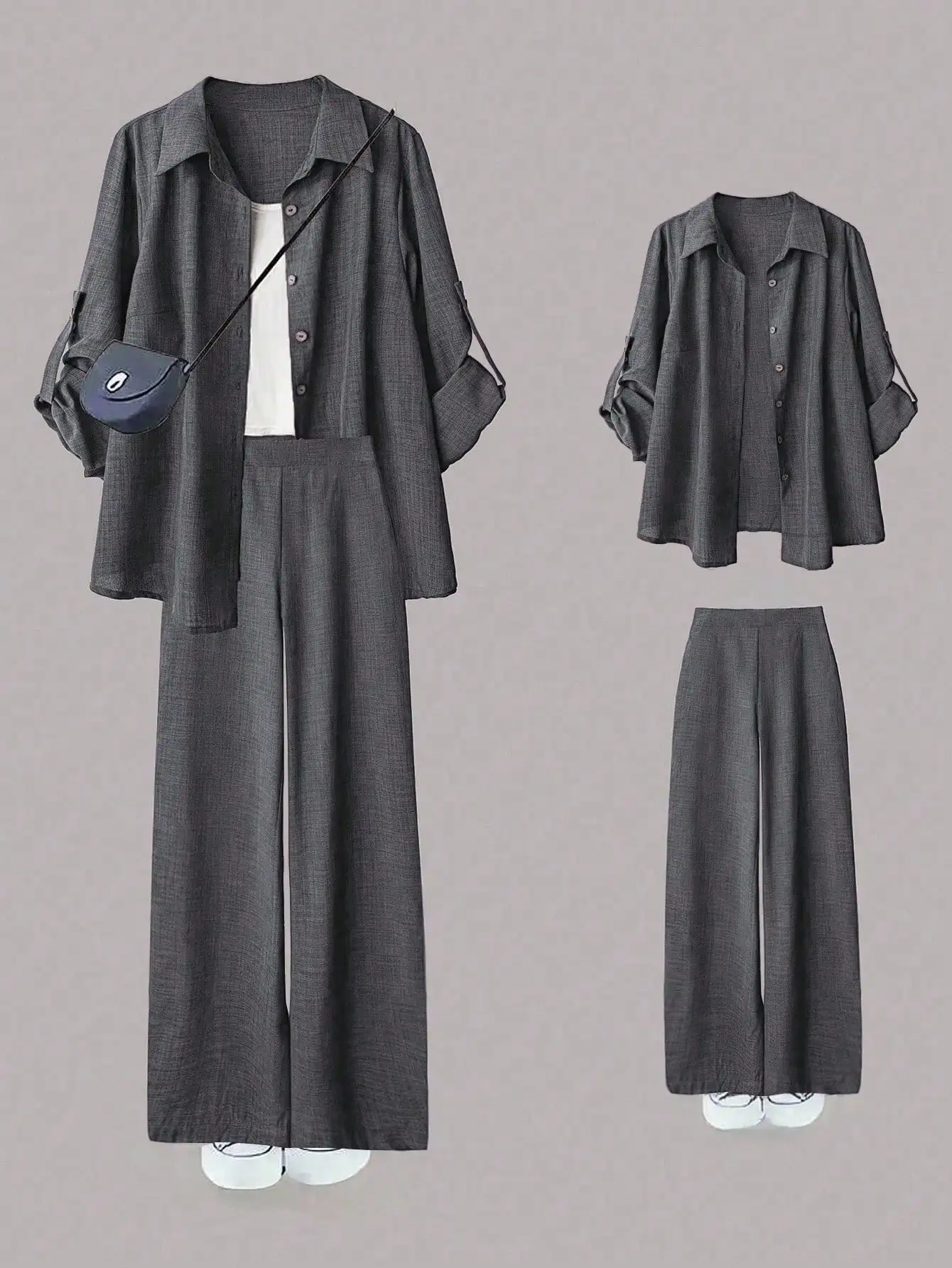 

Casual Turn-Down Collar Single-Breasted Shirt And High Waist Loose Wide Leg Pants Set
