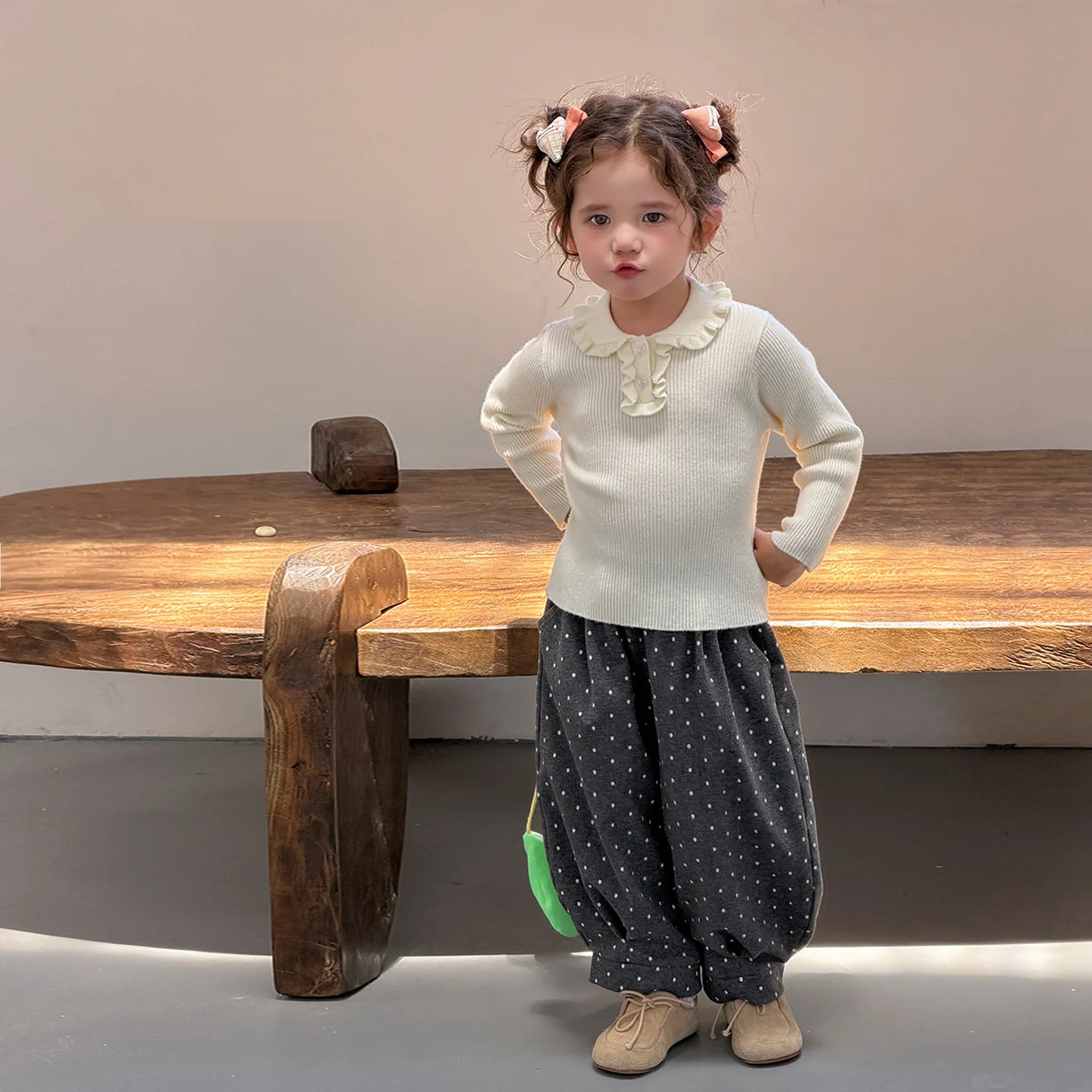 Childrens Clothing 2026 Autumn New Item Childrens Korean Lotus Leaf Doll Collar Vertical Pit Striped Knitted Sweater