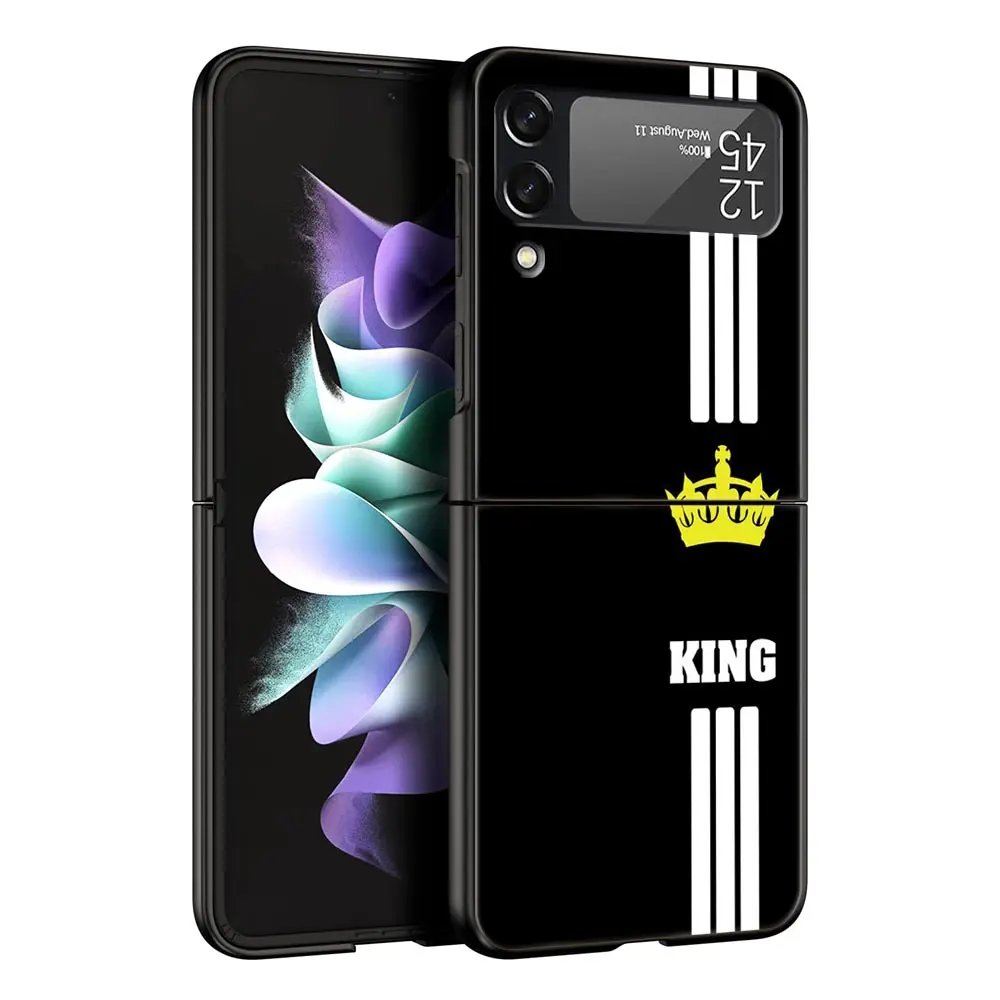 Phone Case For Samsung Z Flip 3 4 5 Hard Black Folding PC For Samsung Z Flip3 Cover Protect Shell Couple Style Crown king Queen