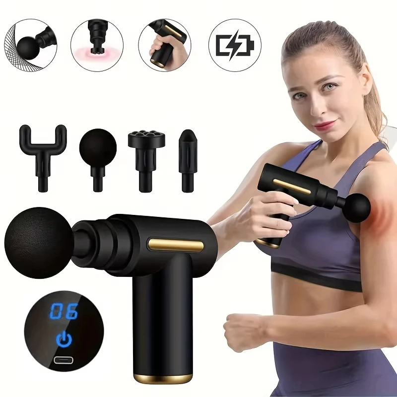 Portable Fascia Massage Gun Deep Tissue Massager Body Muscle Relaxation with LED Touch Screen 4 Replaceable Massage Heads