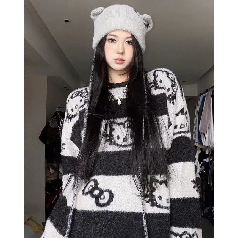 Anime Cartoon Hello Kittys Oversize Mid-Length Sweater Striped Lazy Style Fashionable Women\'s Printed Pullover Bottoming Sweater