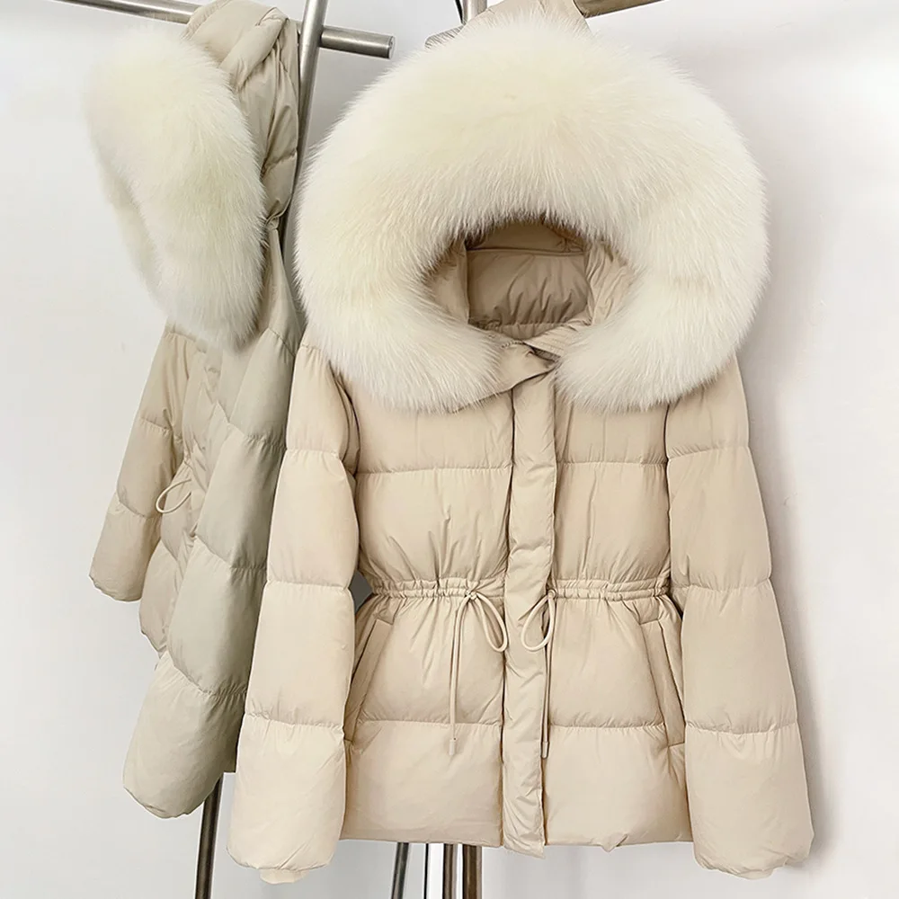 90 Белый утиный пуховик, очень большой воротник из натурального лисьего меха, теплая зимняя парка, роскошная куртка-пуховик с капюшоном, верхняя одежда