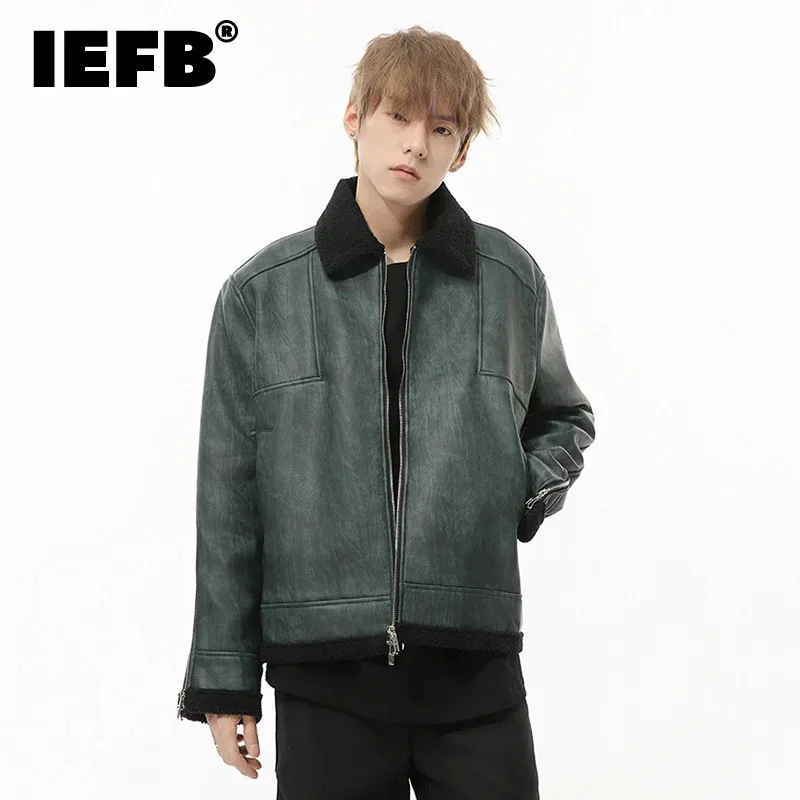 

IEFB Korean Style Men's PU Leather Coats Lamb Wool Patchowork Contrast Color Zipper Lapel Autumn Male Jackets Winter 2024 9C8309