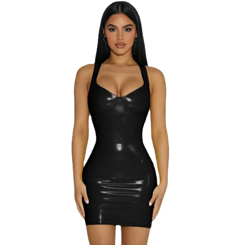 2023 Sexy Womens Sleeveless Latex Tank Dresses Patent Leather Wet Look Clubwear Costume Bodycon Yellow Black Mini Dresses