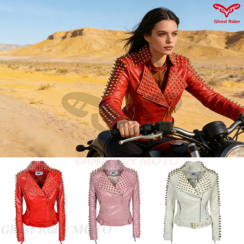 

Eu spring autumn motorcycle uniforms women's PU leather clothes women's short rock rivets PU leather jackets plus 6XL 45-90kg