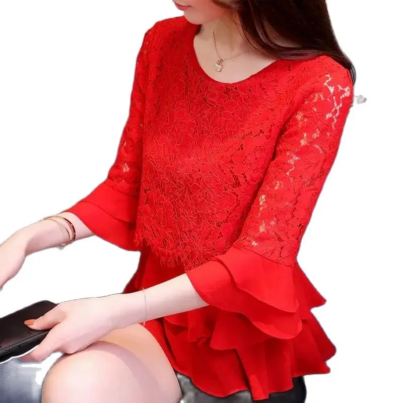 New Red Lace Shirt Summer Women\'s Ruffled Seven-Point Trumpet Sleeves Cover Belly Round Neck Blouse Loose And Slim Blouse