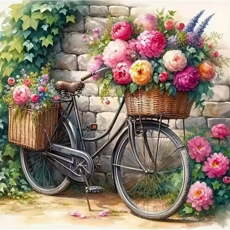 GATYZTORY Diamond Painting Vintage Bicycle Cross Stitch 5D Handicraft Diamond Painting Peony Flower Bead Rhinestone Picture Home