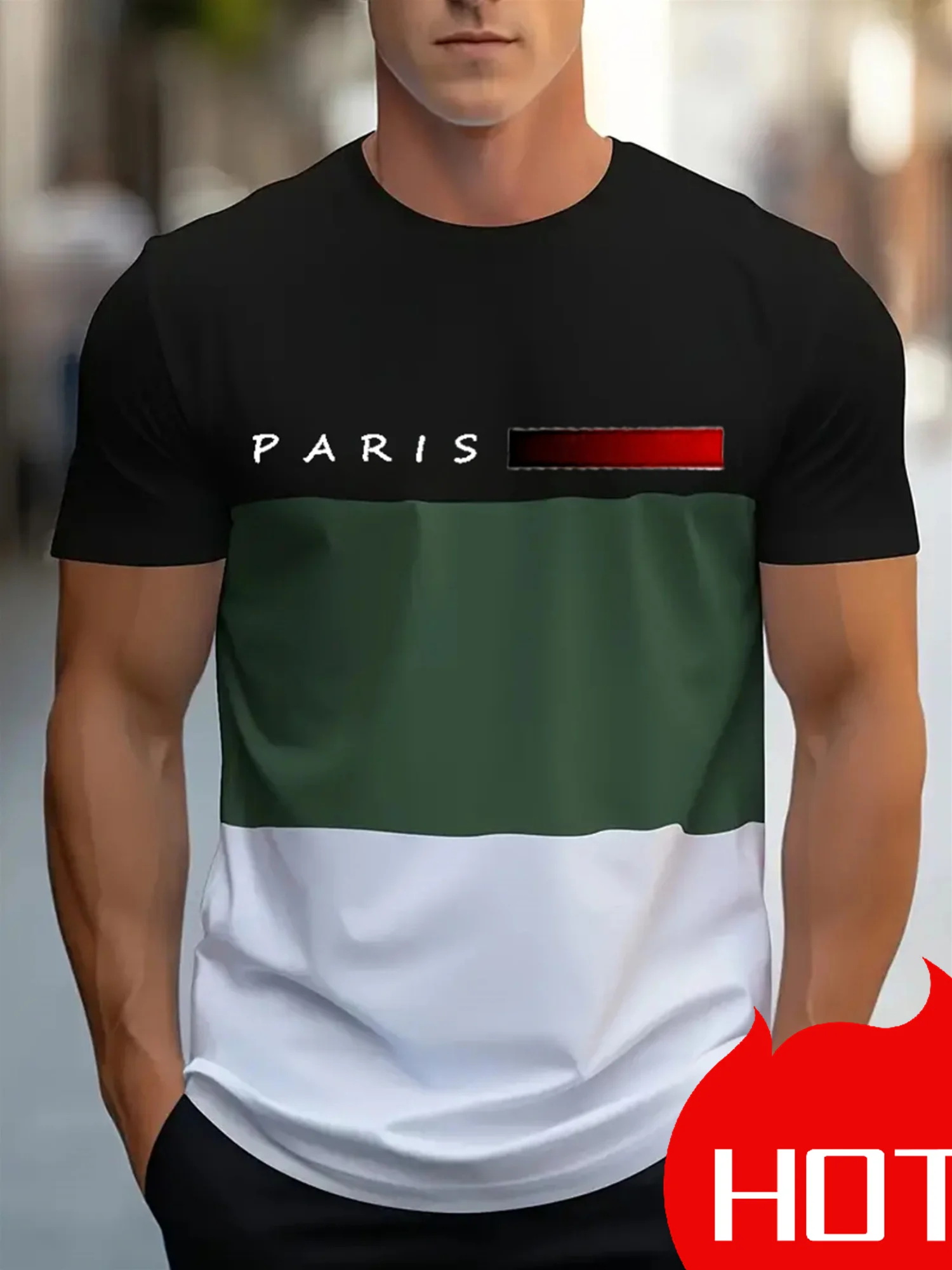 Men’s Color Block Short Sleeve T-Shirt, Slim Fit Crewneck Tee with Small Logo Print for Casual Daily Wear