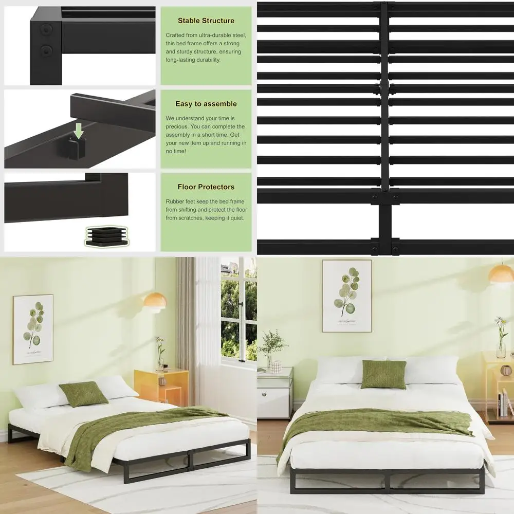 

7 Queen Metal Bed Frame with Steel Slats - No Box Spring Required, Easy Assembly, Black