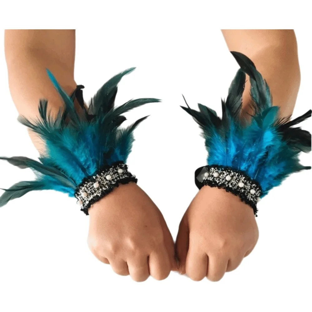 Elegant Lace Feather Wrist Cuffs Adjustable Lightweight Plume Bracelet Gloves Pearl Halloween Arm Cuff Stage Performance