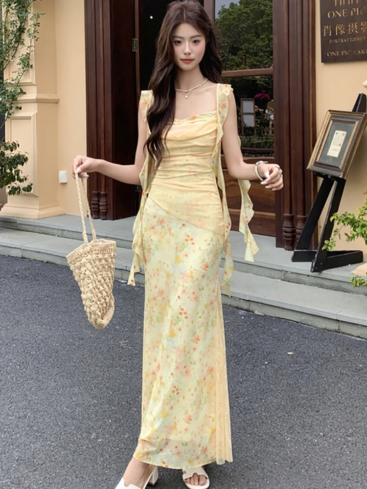 

Women Floral Mesh Chic Ruffled Square Collar Dress 2026 Korean Elegant Causal Beach Dress Summer Fashion Bodycon Holiday Dresses