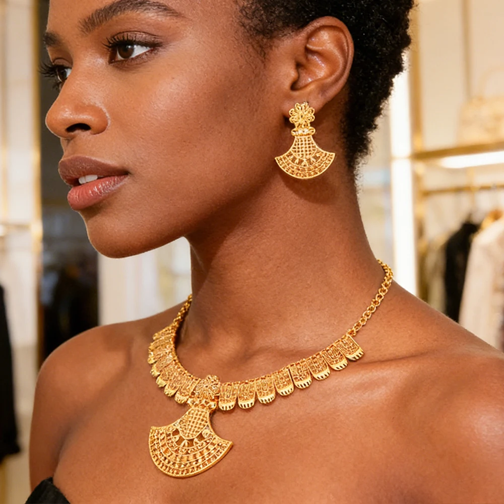 

African Gold Color Design Necklace Earrings Jewelry Luxury Women Necklace Dubai Drop Earrings Jewelry Set Wedding Gifts Party