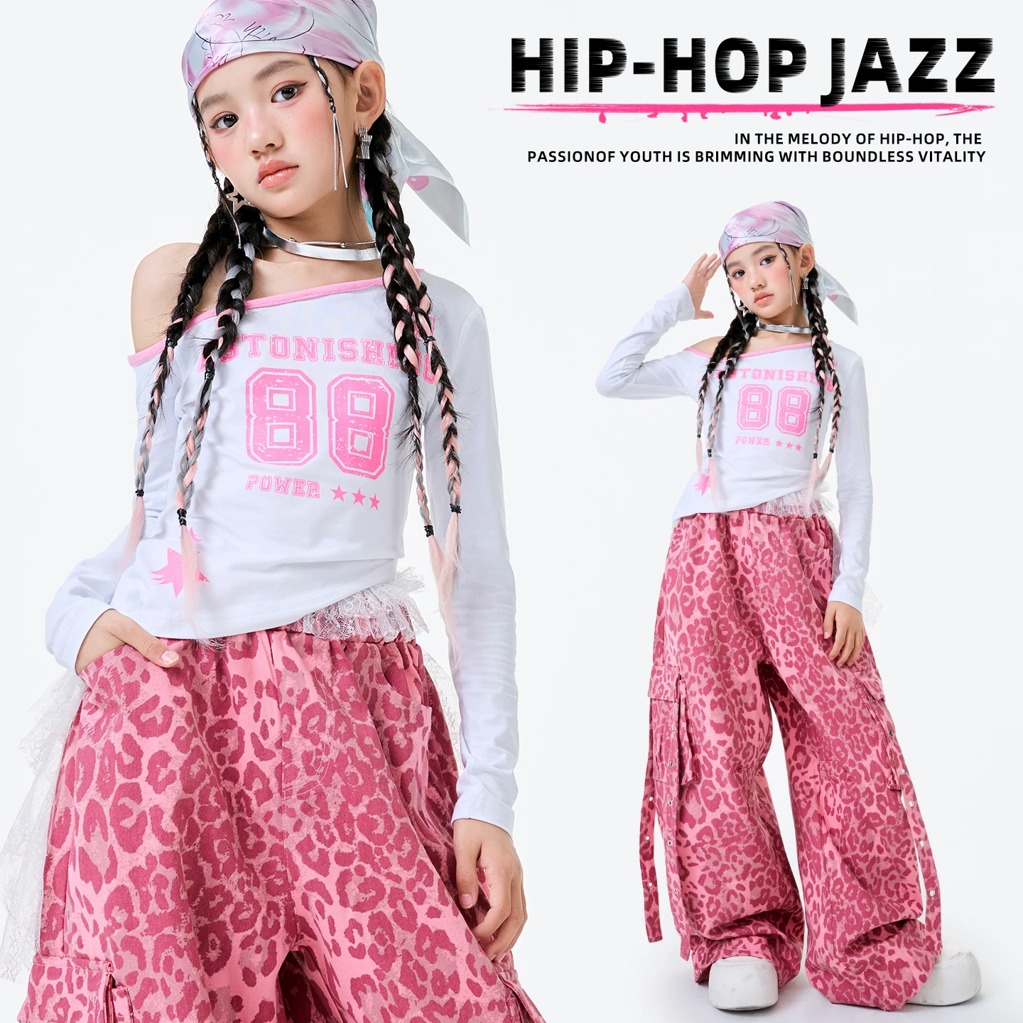 

2025 Children Hip Hop Dance Costumes For Girls Loose Tops Pink Leopard Pants Streetwear Kids Jazz Performance Clothes DQS21037
