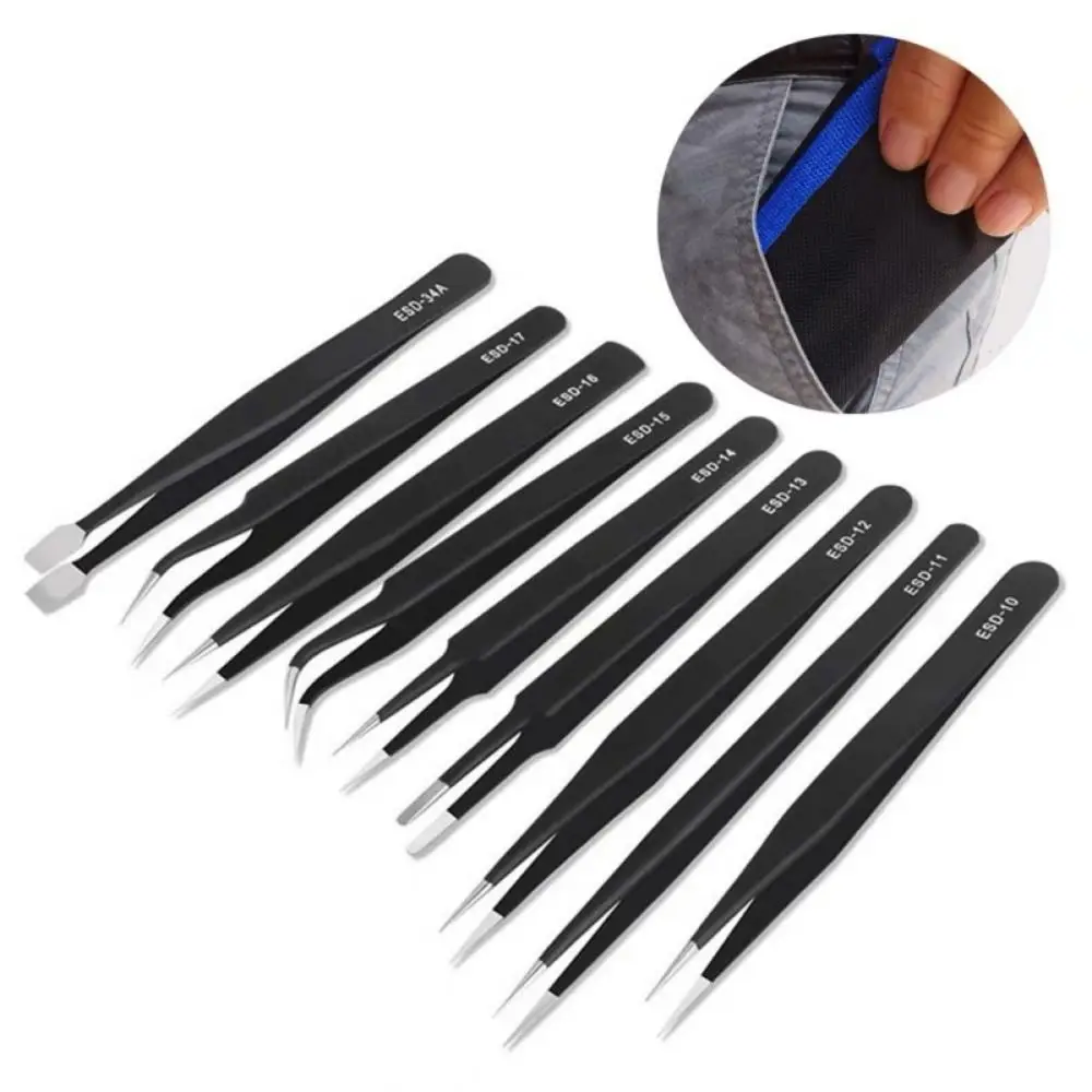 

9/10pcs Curved/Straight Design Precision Tweezers Set Durable Black Anti-Static Tweezers Anti-static with Storage Bag
