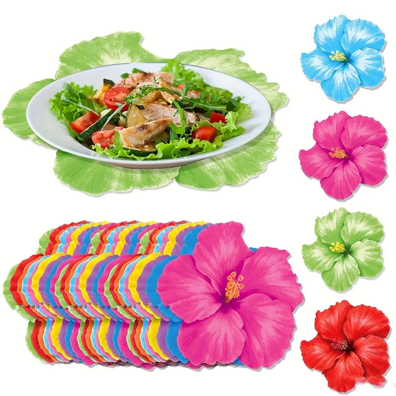 

Цельный случайный цвет, бумажный коврик для столовых приборов в гавайском гибискусе, Luau Party, одноразовый чехол для стола с необычными гибискусами и гавайскими цветами