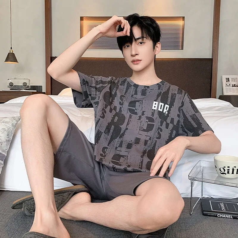 Korean Fashion Cotton Nightwear Men's Summer Short Sleeves Shorts Pajamas Set Home Clothes Young Boy 3XL Loungewear Hombre