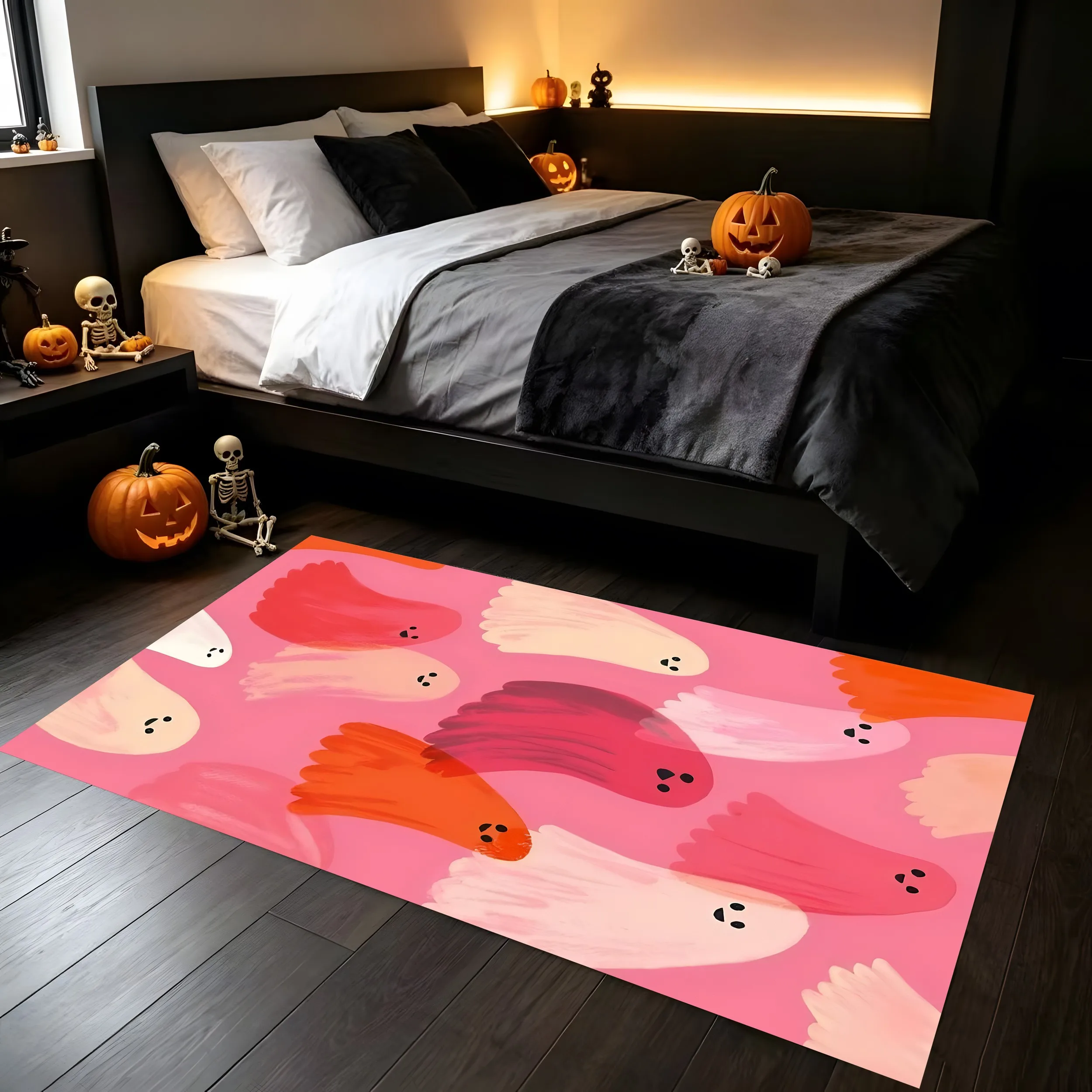 2D Large Area Rug 2D Pink Cartoon Cute Ghost Hand |   Painted Rug, Sweet Halloween Style, Living Room Bedroom Home Floor Mat
