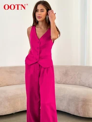 OOTN Button Vest Outfit Office Ladies Women Summer 2024 Pink Elegant Blazer 2 Pieces Sets High Waist Wide Leg Pants Suits Female