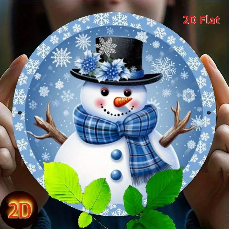 مسطح ثنائي الأبعاد، طباعة مسطحة ثنائية الأبعاد، لوحة فنية جدارية معدنية ملهمة عتيقة - رجل ثلج شتوي أزرق مع قبعة ووشاح زهور #5