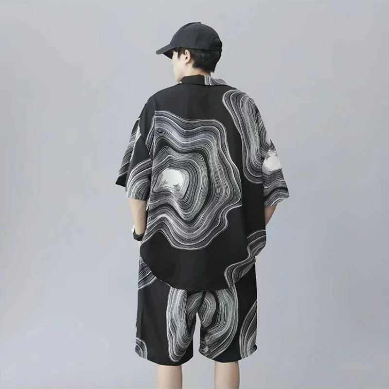 Ice Silk New Chinese-style Suit for Men Summer Thin Loose Large-size Fat Shirt Tie-dyeShort-sleeved Two-piece Suit Individuality