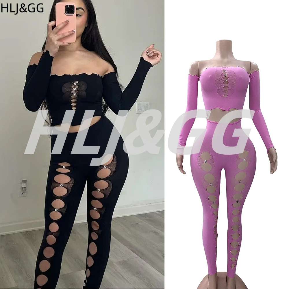 

HLJ&GG Sexy 2 Piece Set Outfits Women Sleeve Glove Hollow Crop Tops + Leggings Pants Suits Female Party Clubwear Clothing 2025