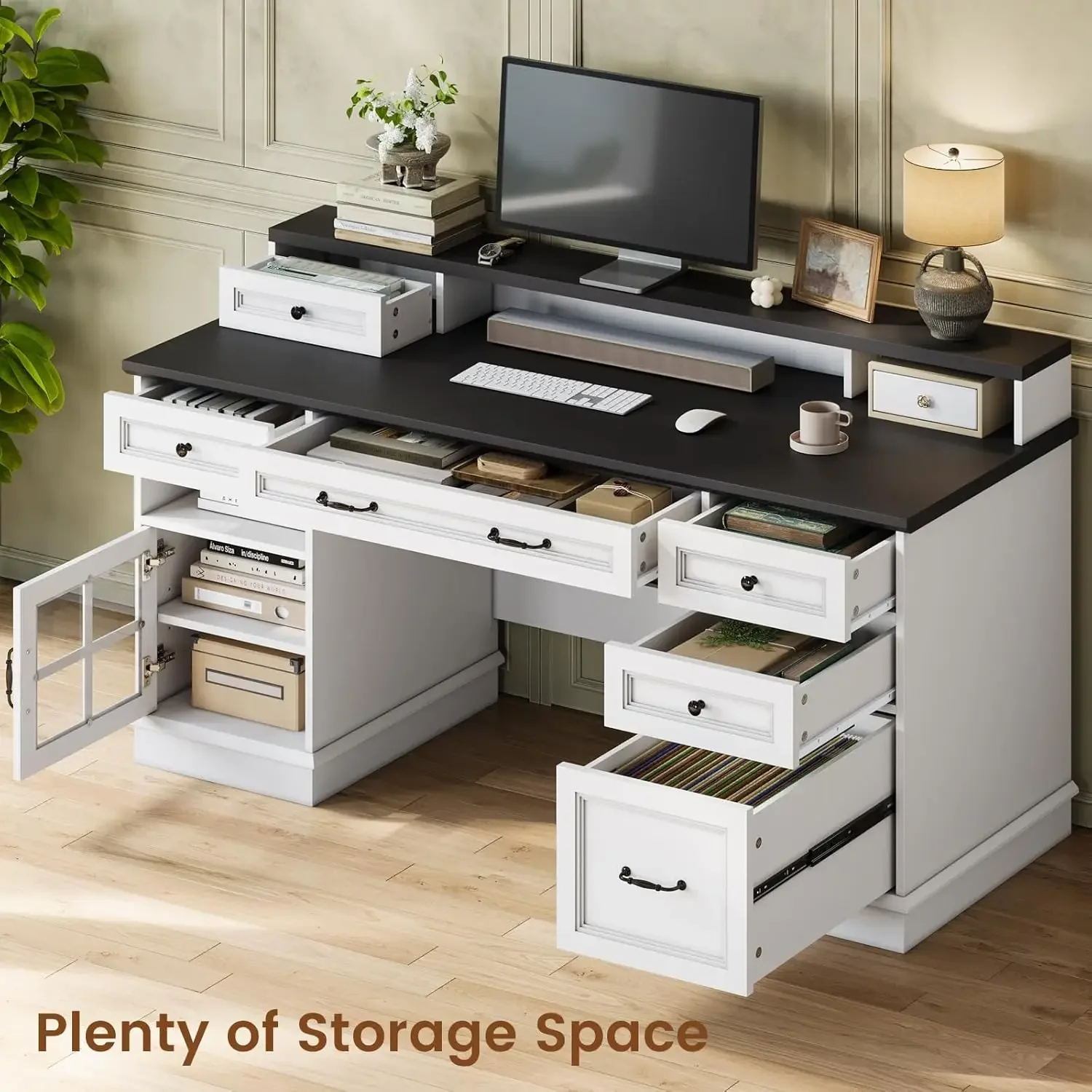 Farmhouse Executive Desk with Drawers Computer Desk ,Power Outlet and Led Lights,Cabinet and Monitor Shelf for Home Office,White image 5