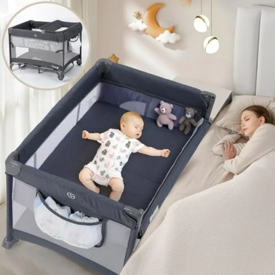 

5 in 1 Pack n Play with Bassinet 2-Level Hght Bedside Crib Storage Pocket Breathable Mesh Foldable Portable Baby Playard for Ne